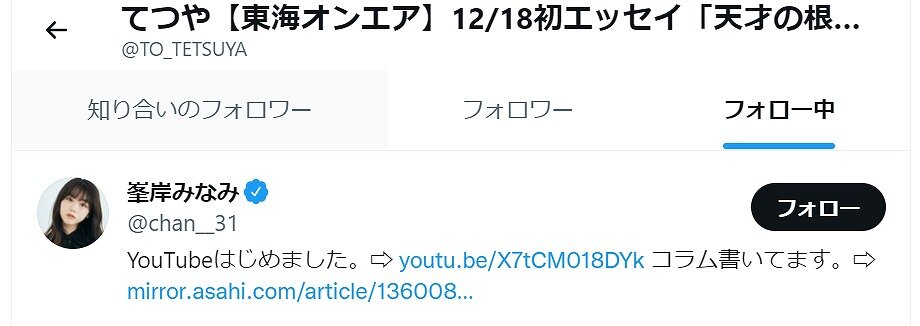 東海オンエアのてつやが峯岸みなみのTwitterをフォローしているのが分かる画像
