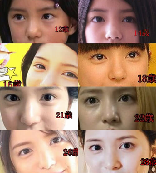 川島海荷の年齢別に並べた目と鼻の画像